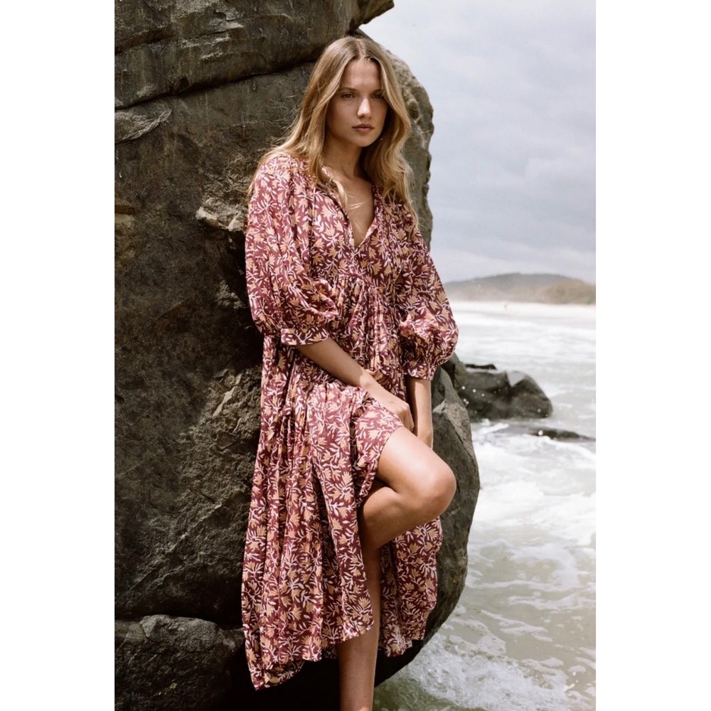 Daughters of India Kyra Midi Dress Sangria Floral Cotton Gauze Boho Burgundy M